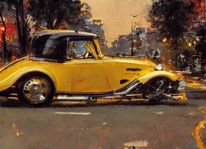 Image similar to hotrods driving down a street , vintage, high detail, golden hour, 8K, by John Berkey