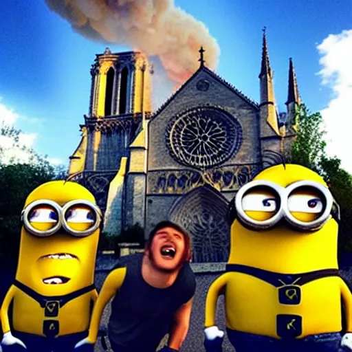 Image similar to “minions laughing as the Notre dame burns behind them”