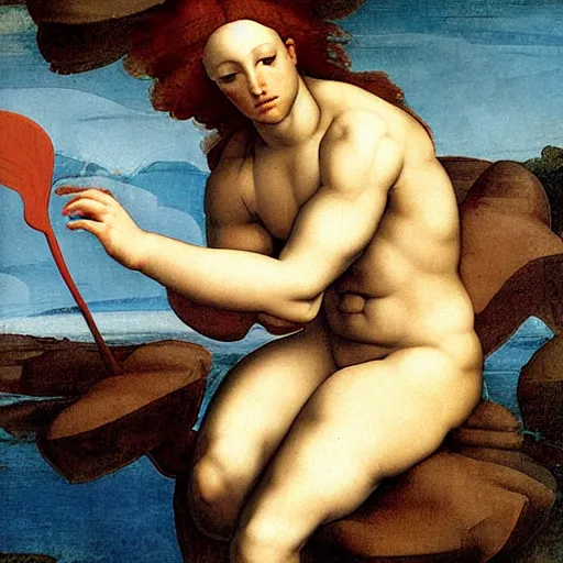 Image similar to an athletic beautiful young mermaid male painted by michelangelo