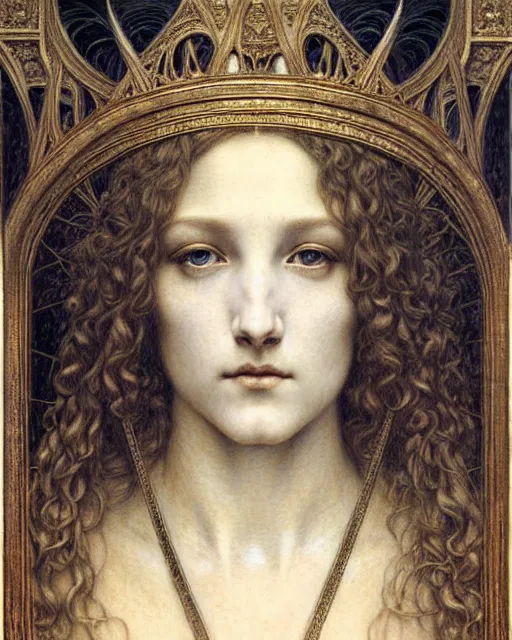 Image similar to detailed realistic beautiful young medieval queen face portrait by jean delville, gustave dore and marco mazzoni, art nouveau, symbolist, visionary, gothic, pre - raphaelite. horizontal symmetry