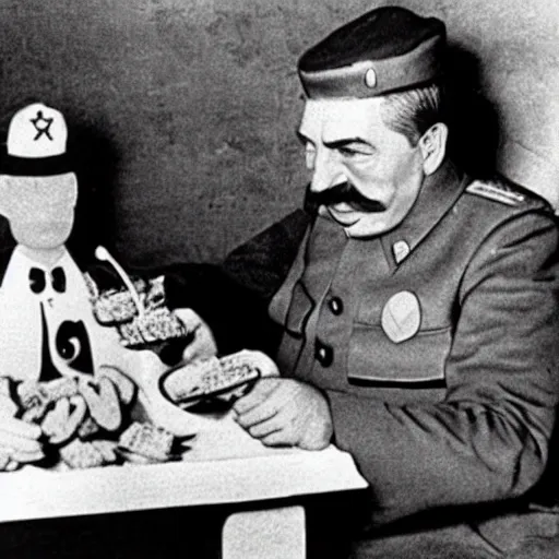 Image similar to joseph stalin enjoying a happy meal at mcdonald's