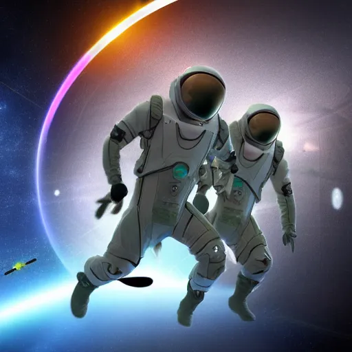 Image similar to futuristic soldiers in spacesuits firing lasers in zero gravity, floating polygon shapes as obstacles, surrounded by a laser grid