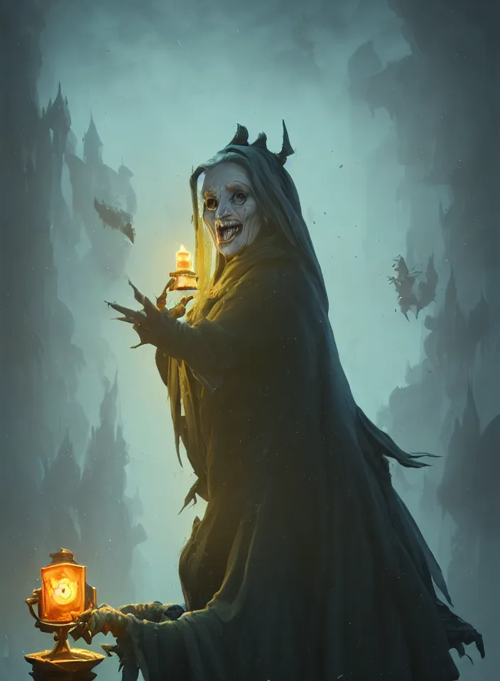 Prompt: terrible mad witch, the ghost of an old woman, cinematic view, by dom qwek, fish eye view, trending on polycount, artstation, 3 d hammer modeling, hd, vray, 8 k, sharp high quality artwork in style of greg rutkowski, concept art, blizzard warcraft artwork, hearthstone card artwork