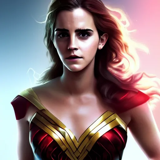 Image similar to full body portrait concept art of emma watson as wonder women, art station, trending, illustration, digital art, hero art, deviant art, hd, 8 k, unreal engine 5 render