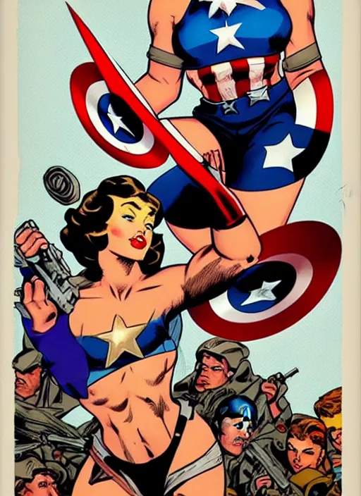 Prompt: gorgeous female captain america standing on a pile of defeated, beaten and broken ss soldiers. feminist captain america wins ww 2. american ww 2 propaganda poster by rob liefeld and pixar. gorgeous face. pin up. overwatch.
