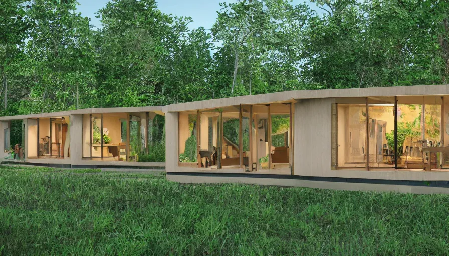 Image similar to A wide image of an eco-community neighborhood of innovative contemporary 3D printed prefab sea ranch style cabins with rounded corners and angles, beveled edges, made of cement and concrete, organic architecture, in a lush green eco community with side walks, parks and public space , Designed by Gucci and Wes Anderson, golden hour