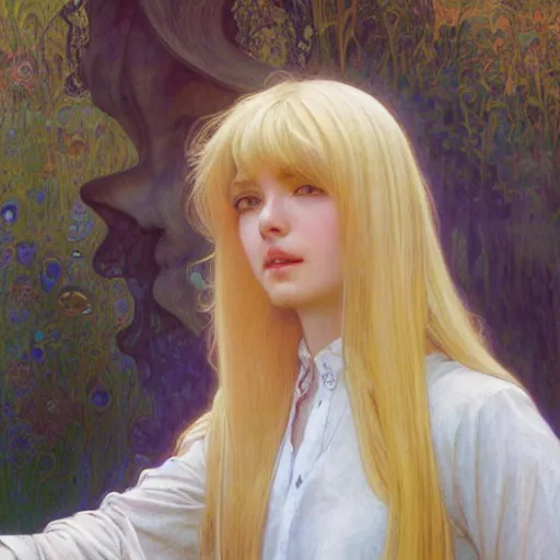 Prompt: A young woman with blonde long hair and bangs in shorts and white shirt drawn by Donato Giancola and Jon Foster, frank frazetta, alphonse mucha, background by James Jean and gustav klimt, 4k, volumetric lighting, french nouveau, trending on artstation, octane render, hyperrealistic but with the face of Walter white