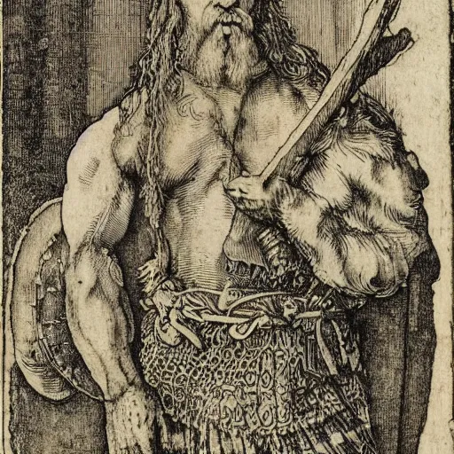 Prompt: albrecht durer woodcut portrait of a tattooed warrior celt man on a field