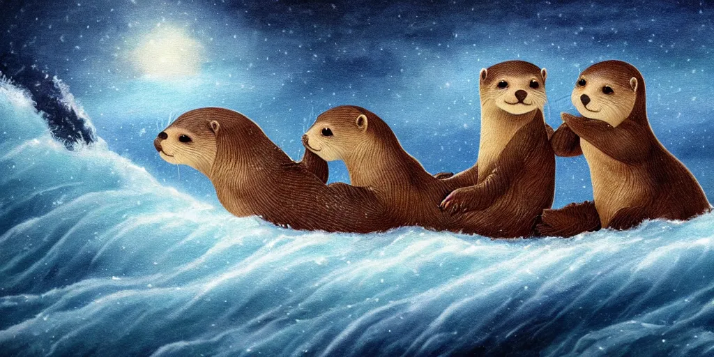 Image similar to Two adorable otters falling in love holding hands side by side, all alone in the middle of a huge storm at sea, fantasy illustration, cinematic, dreamlike, Award winning, romance, detailed trending on art station masterpiece