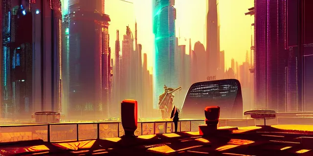 Image similar to blockchain in the middle of a futuristic cyberpunk dubai city, in the art style of dan mumford and marc simonetti, atmospheric lighting, intricate, volumetric lighting, beautiful, sharp focus, ultra detailed