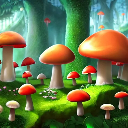 Image similar to mushroom kingdom from mario, digital art, giant green and white spotted mushrooms, at night, exotic flowers and plants, sprites, irina french, cinematic lighting, heraldo ortega, mandy jurgens trending on artstation 8 k 1 5 0 mpx