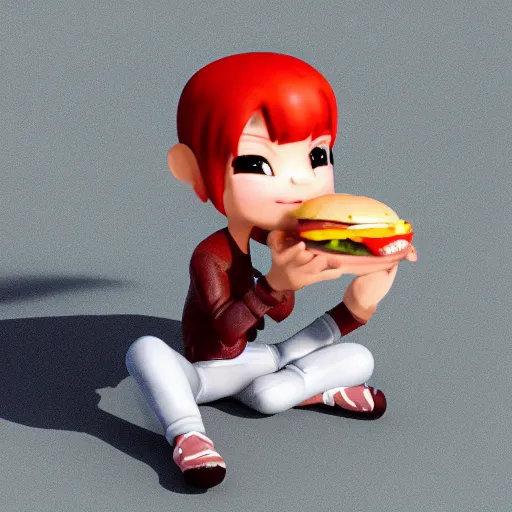 Prompt: 3D rendering of chibi character eating a hamburger, octane render, 8k, trending on artstation