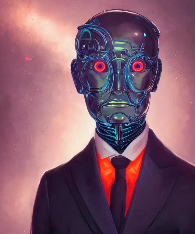 Image similar to a male android portrait wearing a suit and tie, surrealism, scifi, intricate, elegant, sharp eyebrows, highly detailed cybernetic body, neon glowing eyes, digital painting, artstation, concept art, smooth, sharp focus, illustration, art by artgerm and moebius and peter mohrbacher