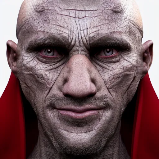 Image similar to portrait of a 5 0 - year - old draconic man with a bold head and shave face with scar on his face, wearing a simple robe, hyper realistic face, beautiful eyes, character art, art by mark brooks, hyperdetailed, cryengine, trending on artstation, digital art