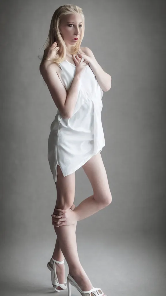 Prompt: extremely beautiful studio photo of emily skinner, looking like annie leonhart, wearing heels and white short dress, with left leg up, in a white room, pale skin, bokeh, very very very very beautiful!!, hard focus, sexy pose, full body shot, 9 0 mm, f / 1. 2 5