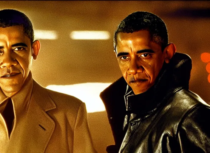 Prompt: film still barack obama wearing leather coat as a detective in blade runner, 8 k