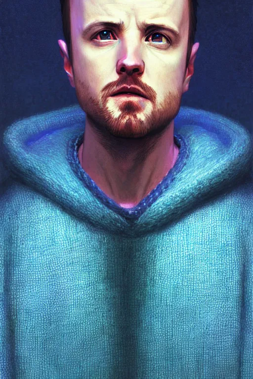 Prompt: portrait of jesse pinkman as sapphire herald in an elegant winter sweater, by makoto shinkai, by akihiko yoshida, by zdzislaw beksinski, by dariusz zawadzki, artbook, tone mapped, deep blues, shiny, soft lighting