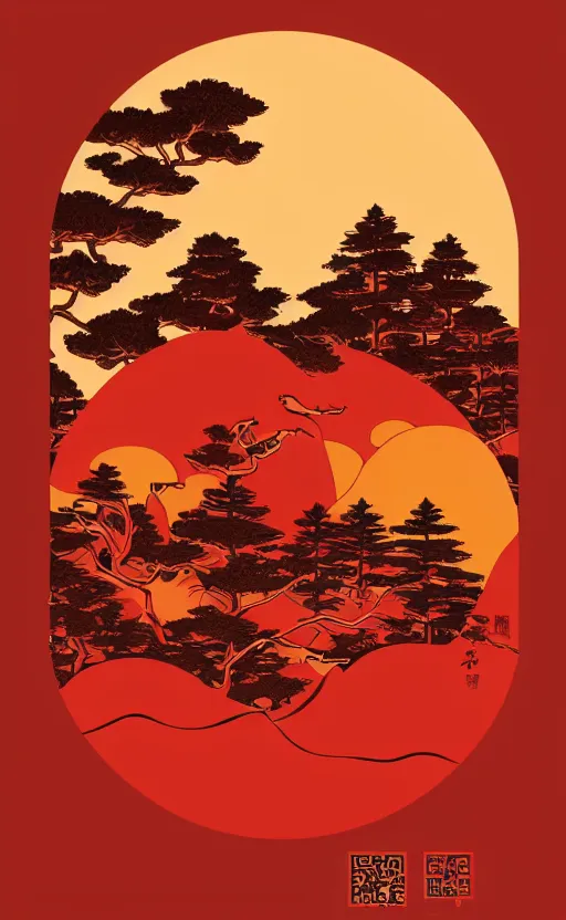 Image similar to hanafuda, a big red charm is floating above a forest of japanese pines, a big red sun in the background, original style, front game card, vector line art, trending on behance, concept art, stunning, matte