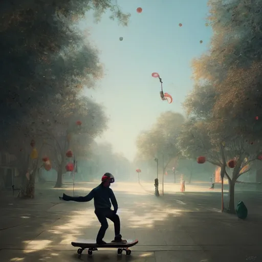 Prompt: a man skateboarding surrounded by inflatables digital painting, artstation, concept art, soft light, hdri, smooth, sharp focus, illustration, intricate, elegant, highly detailed, matte painting, in the style of Greg Rutkowski, 8k, highly detailed