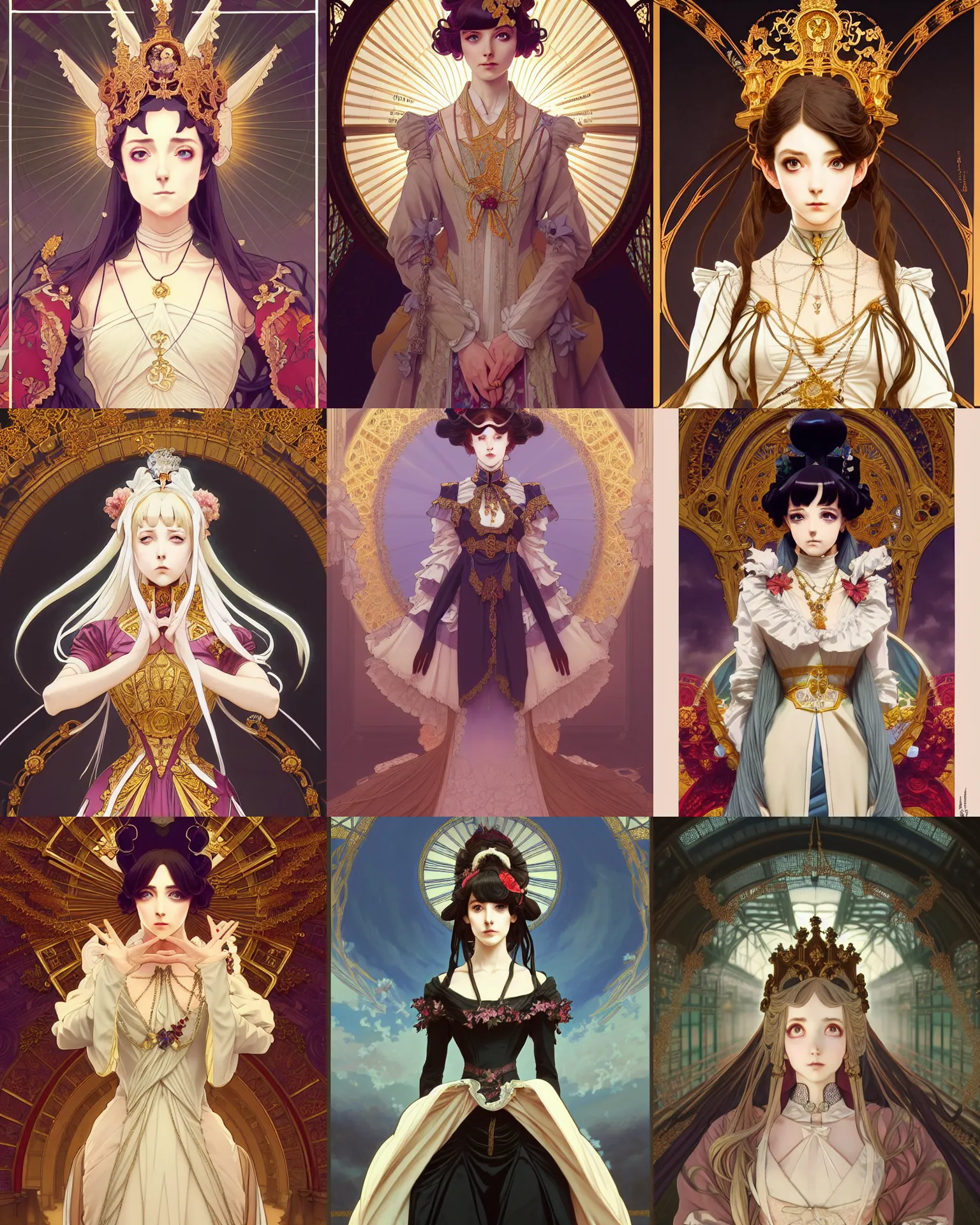 Prompt: symmetry!!!!!! beautiful anime victorian queen, palace background, wearing ornate clothes, highly detailed, anime, dynamic lighting, digital art, digital painting, artstation, wlop, sharp focus, illustration, art by artgerm and greg rutkowski and alphonse mucha, 8 k