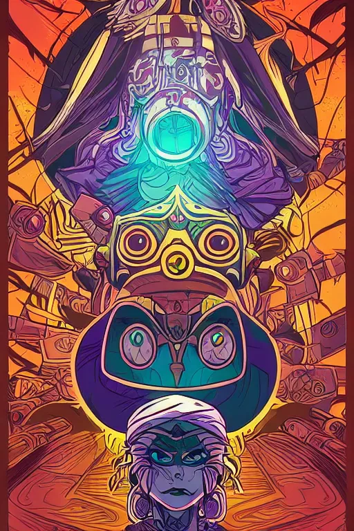 Prompt: sacred majora's mask tribal feather gemstone plant wood rock shaman vodoo video game vector illustration vivid color borderlands by josan gonzales and dan mumford radiating a glowing aura