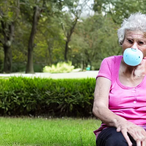 Prompt: an older woman sitting in a park wearing a small oxygen cannula under her nose, 4 k,