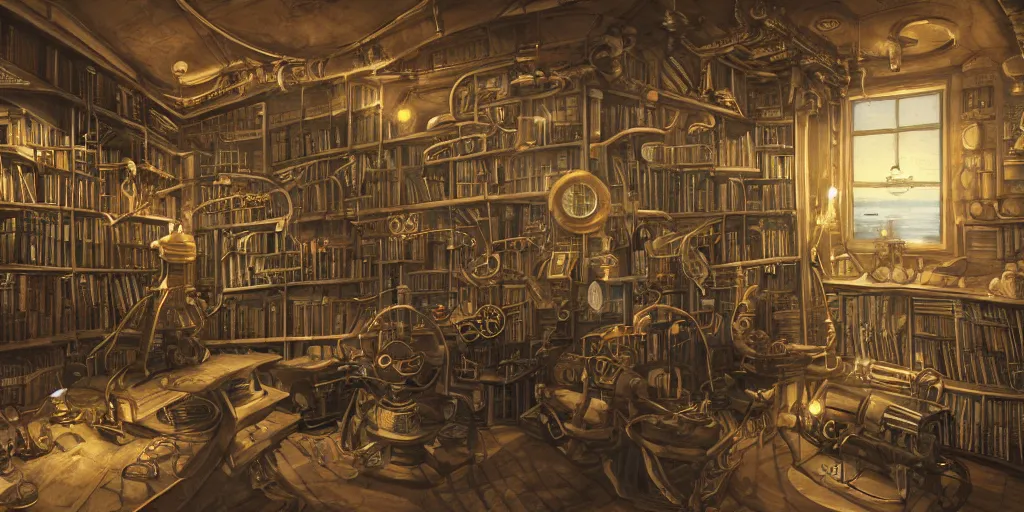 Image similar to steampunk oceanographer study, maps crowding the walls, bookshelves, paintings of ocean topography, sonar equipment, marine biologist lab, bookshelves, incandescent lighting, unreal engine, bibliopunk