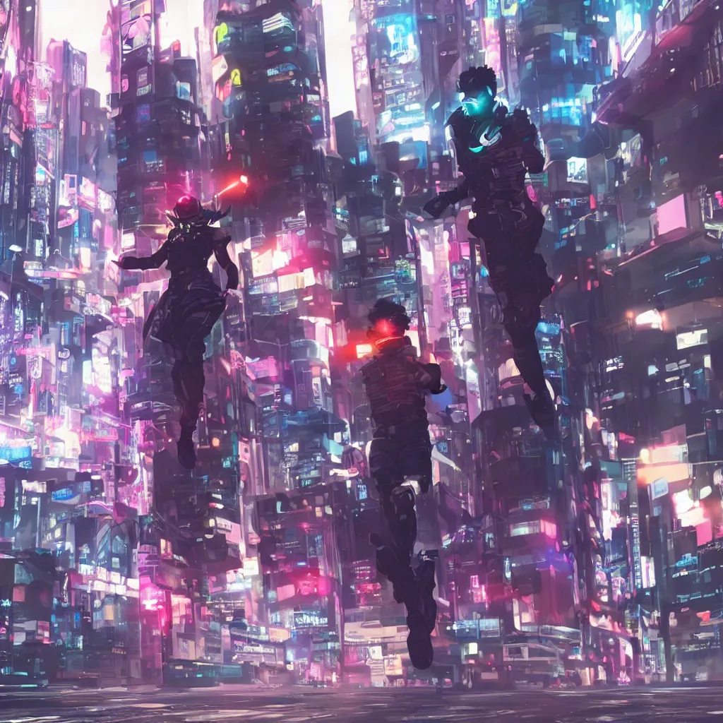 Image similar to a cyberpunk soldier running in full speed in a cyberpunk city, anime