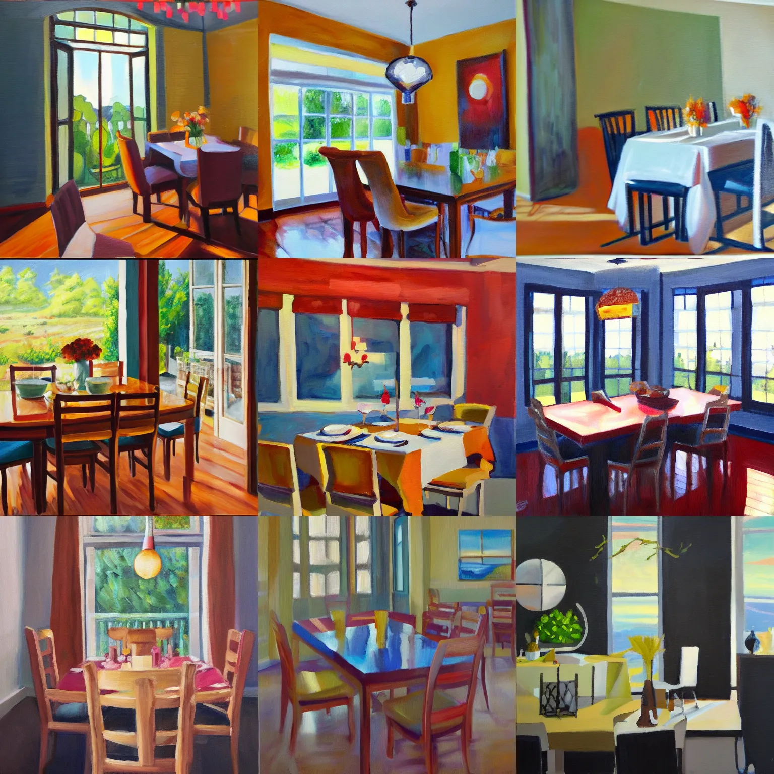 Prompt: an acrylic painting of a sunlit dining room