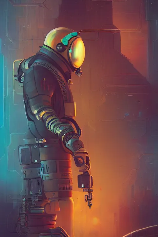 Prompt: a poster design of a faceless cyberpunk astronaut wearing headphones in space, universe, cyberpunk, warm color, Highly detailed labeled, poster, peter mohrbacher, featured on Artstation