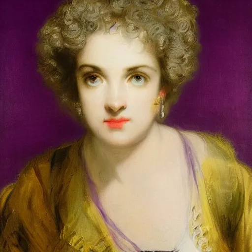 Prompt: electric purple by joshua reynolds ornate. a beautiful experimental art. she looks up at me, up & down. she has short - cropped hair, & a scar on her left cheekbone : just a line of black against her deep tan, precise & geometrical. her eyes are pale green.