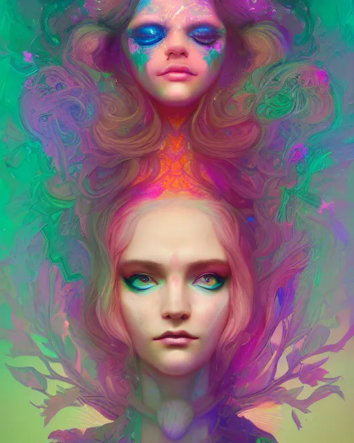 Prompt: lsd, acid trip, intricate fractals, a detailed portrait of a beautiful woman with ( fox ) features, in professional makeup, dramatic lighting, by lois van baarle, ross tran, greg rutkowski, background of ultra detailed colorful repeating fractals psychedelic by moebius, beeple, artstation