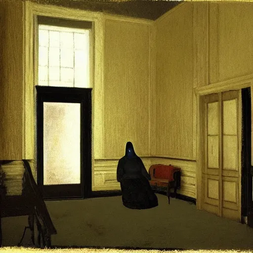 Image similar to creepy Liminal interior of RE7, paintings on the wall, masked person in corner, in the style of Edward Hooper and Vilhelm Hammershøi and Albert Bierstadt