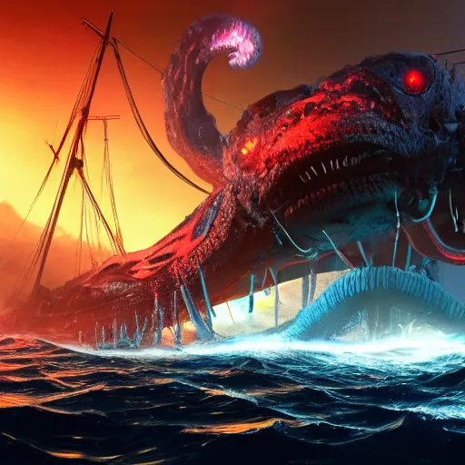 Prompt: a giant kraken with glowing red eyes eating a battle ship, 4k, artstation, digital art