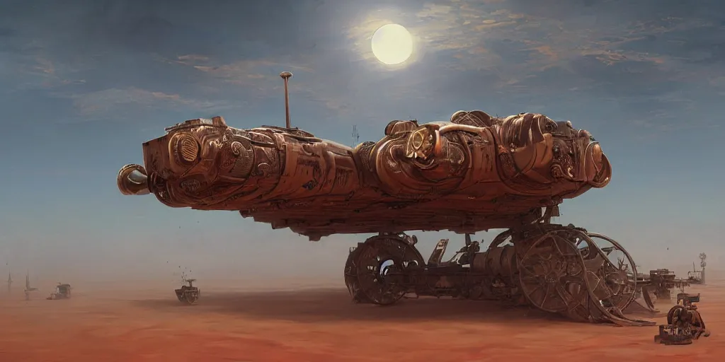 Image similar to steampunk hovercraft in a red desert, greg rutkowski, 8 k, shallow depth of field, intricate detail, concept art,