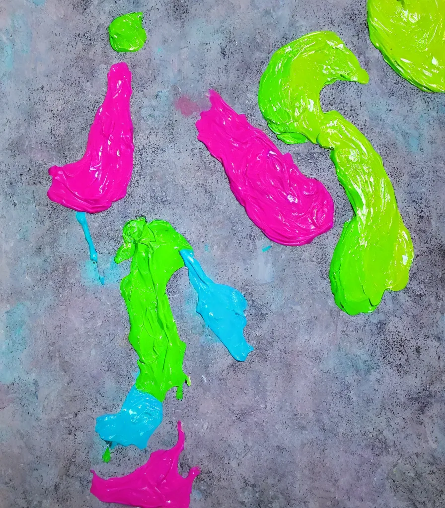 Prompt: driping dry oil paint, molten plastic, lime green, pink gray, gray blue, realistic, 8 k