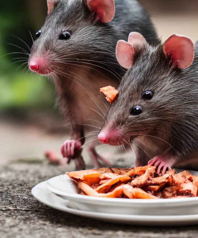 Image similar to high quality presentation photo of vicious anthropomorphic rats with sharp teeth eating meat, photography 4k f1.8 anamorphic bokeh 4k Canon Nikon