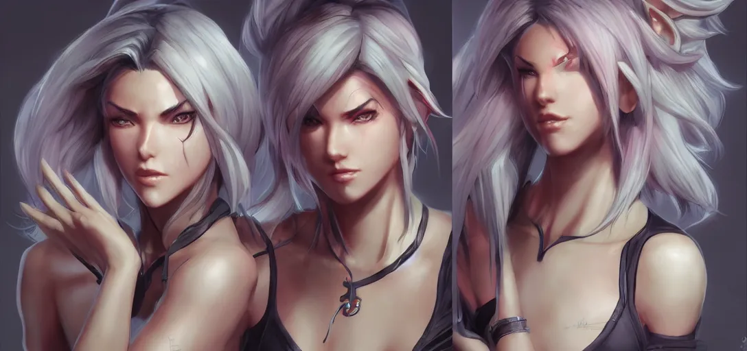 Image similar to concept art of female video game characters head designs, demonic, unique hairstyles, overwatch by marc brunet and artgerm