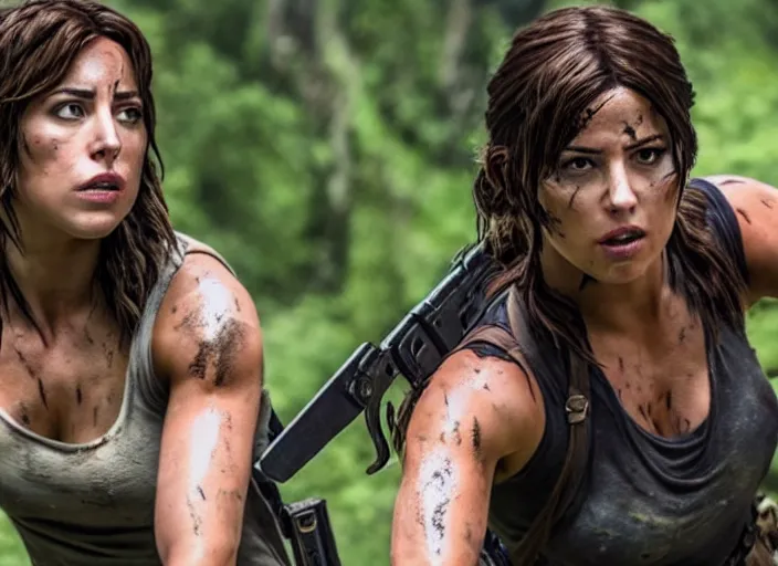 Image similar to film still of!!!! chloe bennett!!! as lara croft in new tomb raider movie, 8 k