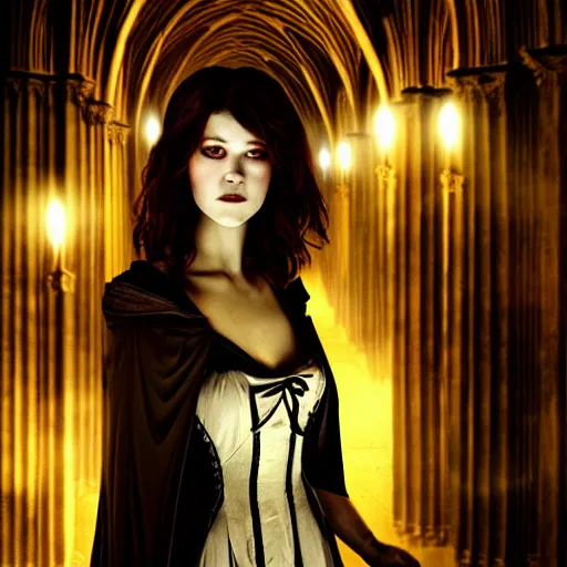 Image similar to a photograph of mary elizabeth winstead as a vampire in a gothic cathedral at night, gloomy, horror, photograph by artgerm and alphonse mucha and ross tran and greg rutkowski.
