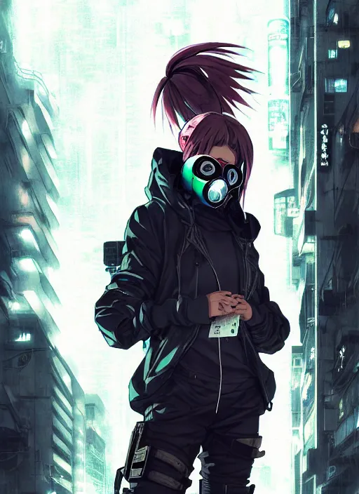 Image similar to cyberpunk anime girl in hoodie, cyberpunk gas mask, 3 / 4 shot, street night, grafity, beautiful face, grafity, arcane, action, tokyo street, detail, good face, pose model, concept art, in style of yoji shinkawa, pan ren wei, col price, atey ghailan, by greg rutkowski, aesthetic