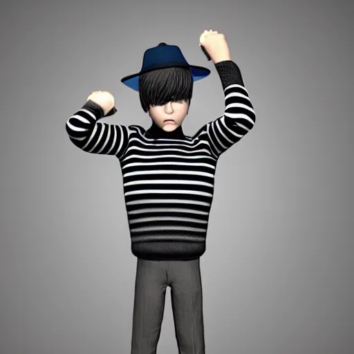 Prompt: a emo boy wearing a striped sweater and hat, a stock photo by tim biskup, featured on zbrush central, figurativism, zbrush, character, made of plastic,