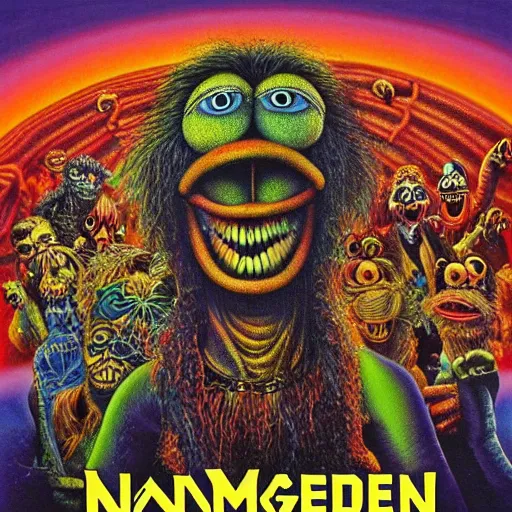 Prompt: animal the muppet on iron maiden album cover, 8 k resolution hyperdetailed scary dystopian surrealism style of alex grey