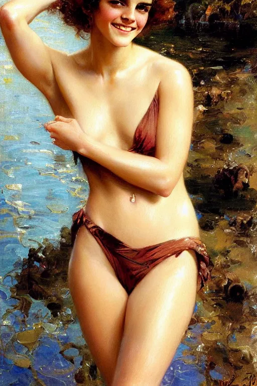 Prompt: emma watson smiling swimsuit wet dripping curly hair painting by gaston bussiere craig mullins j. c. leyendecker