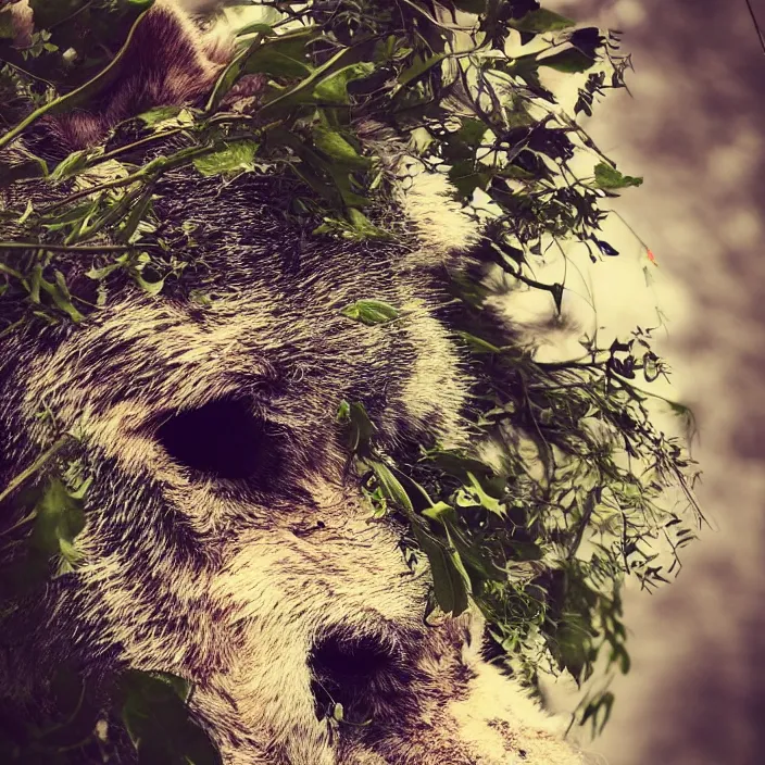 Prompt: overgrown foliage taking over a realistic furry wolf skull, close - up, 3 5 mm, f 1. 8, bokeh, beautiful, lens flare, emotional, sweet, flowers, detailed, picture, trending on artstation, award - winning, shiny, golden