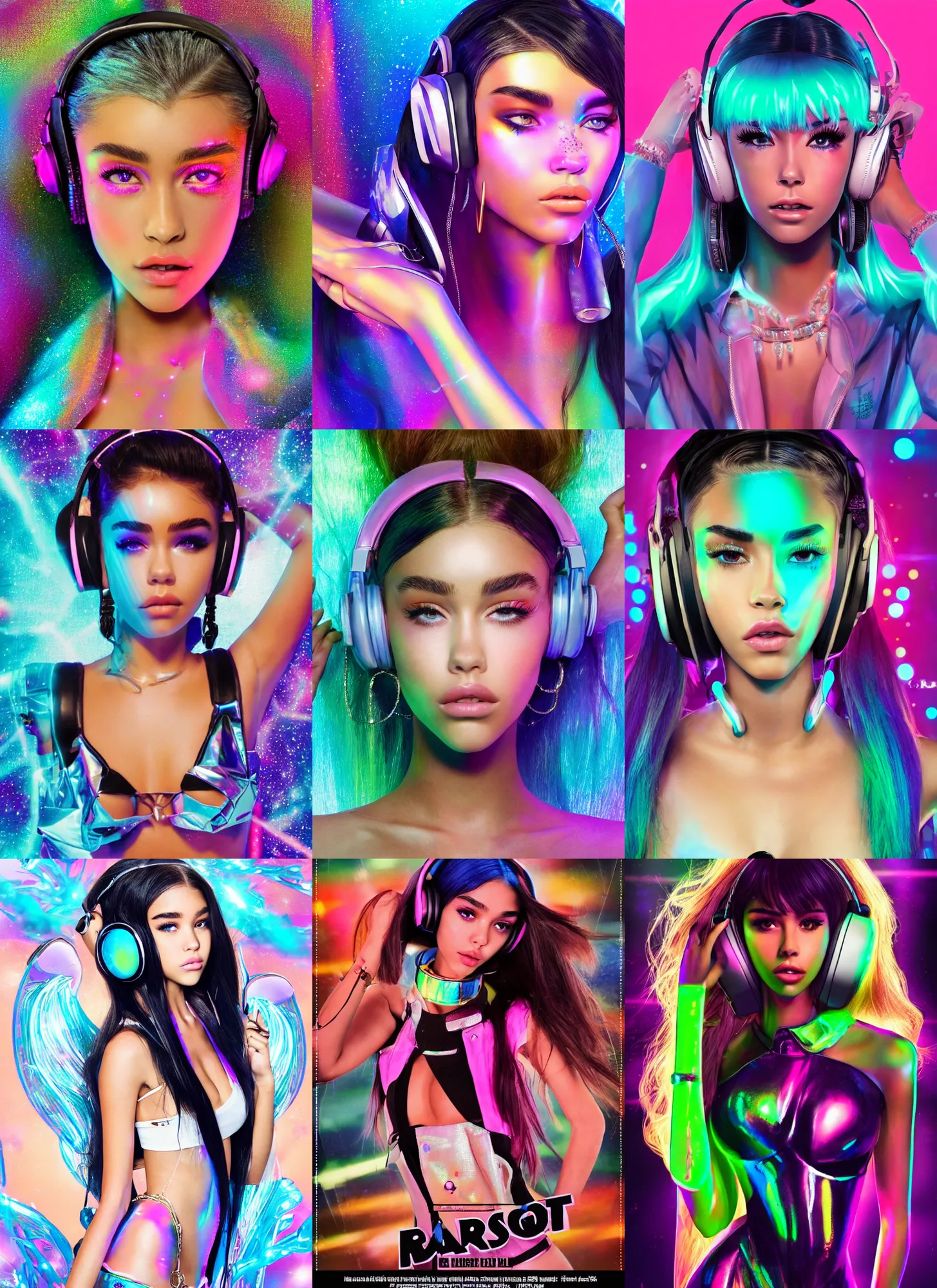 Prompt: BOTS movie poster body portrait fashion pose of madison beer as a pearlescent iridescent college teen cyborg on a crowded packed nyc sidewalk, high-fashion photoshoot, hair worn up, elaborate earrings, headphones, cute rave outfit, :: morning, trending on artstation, cinematic lighting, anime girl, ue5, sci-fi, rossdraws, nixri, Greg rutkowski, ::