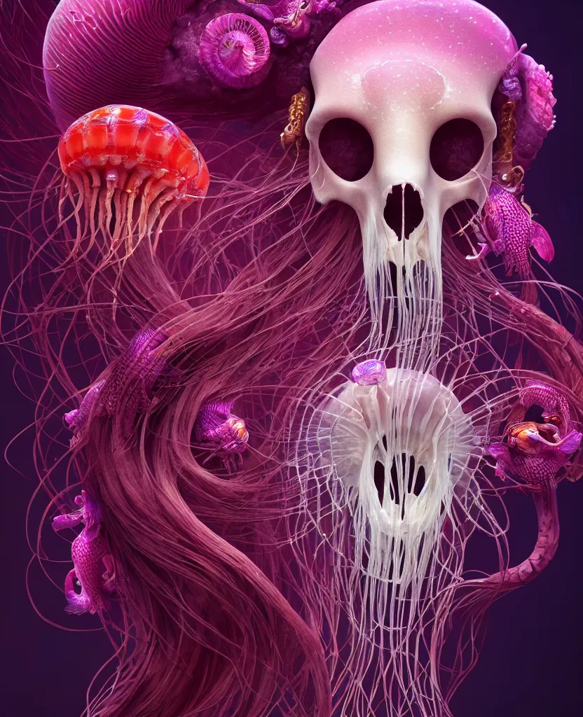 Image similar to goddess princess face close-up portrait ram skull. jellyfish phoenix head, nautilus, orchid, skull, betta fish, bioluminiscent creatures, intricate artwork by Tooth Wu and wlop and beeple. octane render, trending on artstation, greg rutkowski very coherent symmetrical artwork. cinematic, hyper realism, high detail, octane render, 8k