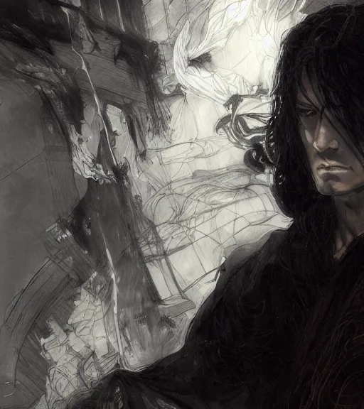 Image similar to portrait of anime man with long dark hair wearing a dark robe, pen and ink, intricate line drawings, by craig mullins, ruan jia, kentaro miura, greg rutkowski, loundraw