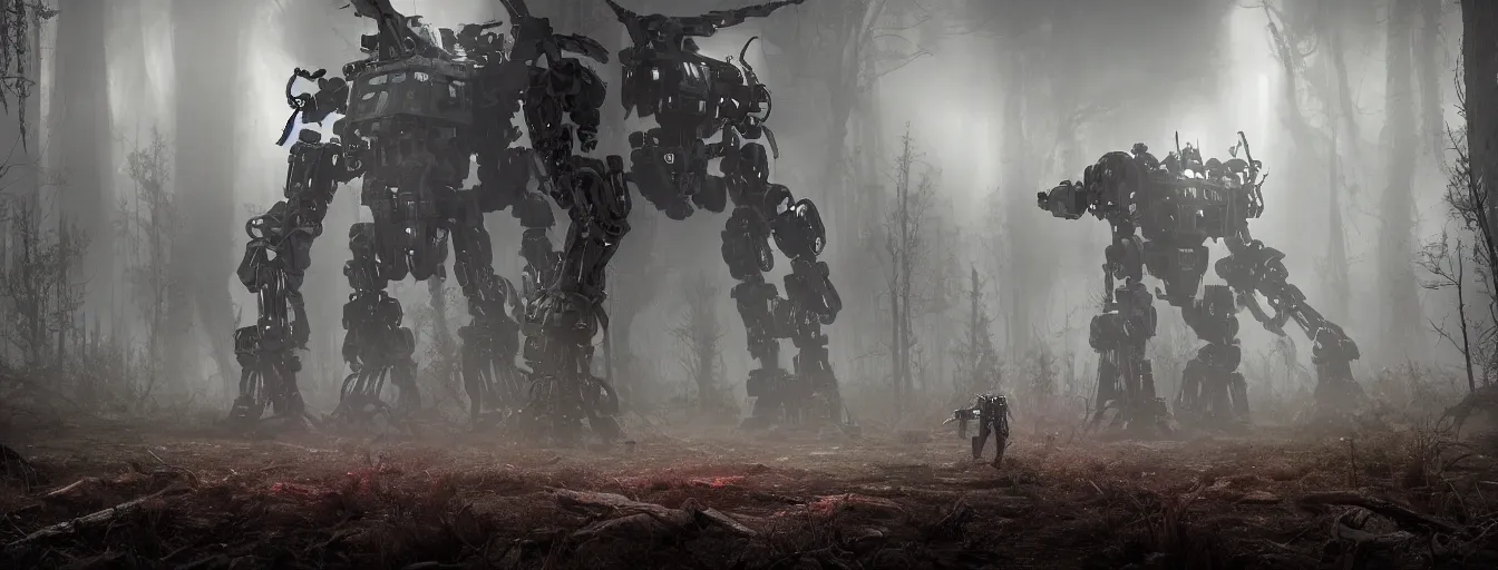 Image similar to image of deep forest, where terrific and creepy gigantic 8 - leg mechwarriors robots with volumetric lights, running and hunting remaining hiding humans, post - apocalyptic style, high detail, dramatic moment, motion blur, ground fog, dark atmosphere, saturated colors, by james paick, render unreal engine - h 7 0 4