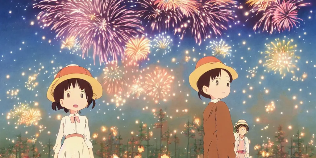 Image similar to the girl and the fireworks. Anime visual of a cozy village in a magical forest. cheerful and peaceful mood. illustrated by Hayao Miyazaki. anime production by Studio Ghibli. high quality, visually stunning, majestic, fall, official media